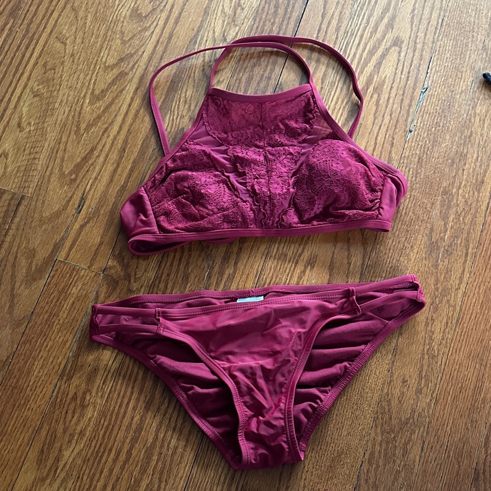 Xhilaration Burgundy Lace High Neck Bikini Set
